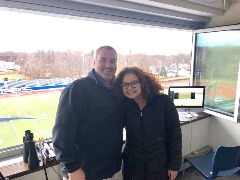 Chris Wenzler (left) broadcasting JCU women's lacrosse: with former student Anneke Carlo.